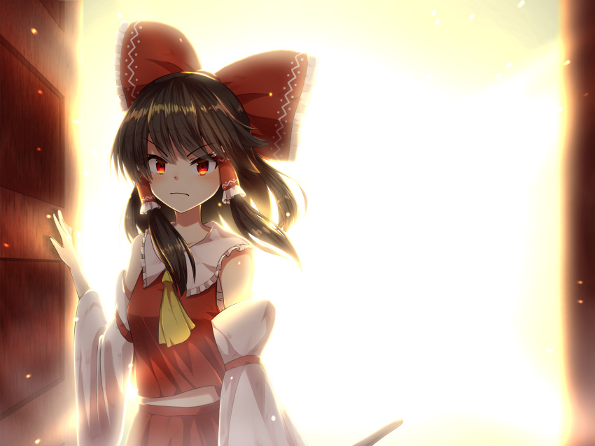 1girl angry ascot bow brown_hair collar detached_sleeves door gohei hair_bow hair_tubes hakurei_reimu highres light medium_hair nontraditional_miko open_door opening_door red_bow red_eyes red_shirt red_skirt shirt skirt skirt_set sleeveless solo standing touhou v-shaped_eyebrows white_collar yellow_neckwear yosshy