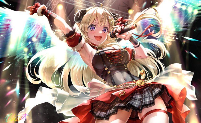 1girl :d ahoge armpits bangs blonde_hair blush bodystocking bracer breasts buru-dai ceiling ceiling_light commentary_request covered_navel cowboy_shot crop_top detached_sleeves eyebrows_visible_through_hair floating_hair gloves grey_skirt hair_ornament highres holding holding_microphone hololive horns idol long_hair looking_at_viewer medium_breasts microphone nail_polish open_mouth plaid plaid_skirt red_gloves red_nails sheep_horns short_sleeves signature single_glove skirt smile solo stage_lights standing thigh_strap tsunomaki_watame violet_eyes virtual_youtuber wings
