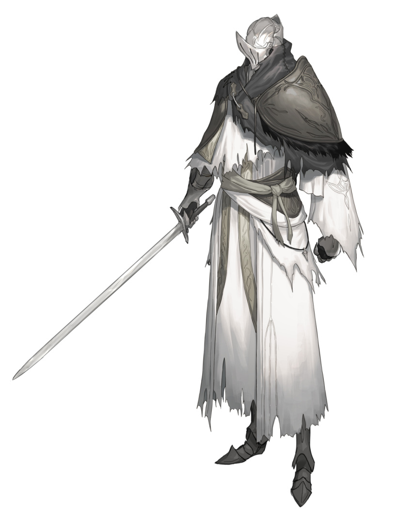 1other ambiguous_gender armor clenched_hands covered_face full_armor gauntlets grey_sash helmet highres holding holding_sword holding_weapon km_yama original pauldrons rags robe sash shoulder_armor simple_background single_pauldron solo standing sword torn_clothes weapon white_background