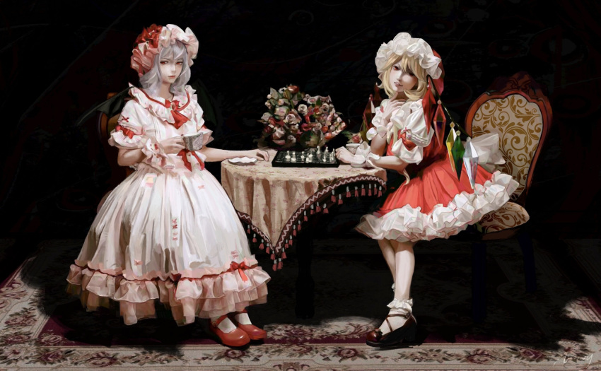 2girls ascot bat_wings blonde_hair blue_hair board_game bow brooch carpet chair chess chess_piece chessboard crystal cup dish dress flandre_scarlet flower frilled_shirt frilled_shirt_collar frilled_skirt frilled_sleeves frills hand_on_own_face hat hat_ribbon holding holding_cup indoors jewelry lips long_dress mary_janes medium_hair medium_skirt mob_cap multiple_girls one_side_up pink_dress puffy_short_sleeves puffy_sleeves red_bow red_eyes red_ribbon red_skirt red_vest remilia_scarlet ribbon ribbon_trim rug sash shirt shoes short_hair short_sleeves siblings side_ponytail sisters sitting skirt skirt_set table tablecloth touhou user_crkd7757 vest white_shirt wings wrist_cuffs yellow_neckwear