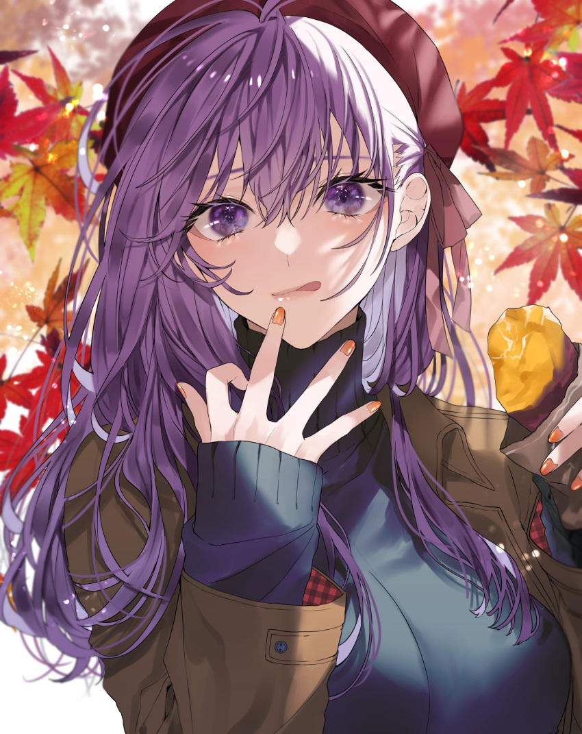 1girl :q alternate_costume autumn_leaves bangs blue_sweater breasts brown_jacket closed_mouth commentary eyelashes fate/stay_night fate_(series) finger_to_mouth fingernails food hair_between_eyes hair_ribbon hat highres holding holding_food jacket large_breasts leaf lips long_hair long_sleeves looking_at_viewer matou_sakura nail_polish open_clothes open_jacket orange_nails outdoors pink_lips purple_hair red_headwear red_ribbon ribbon shimatori_(sanyyyy) solo sweater symbol-only_commentary tongue tongue_out turtleneck turtleneck_sweater upper_body violet_eyes
