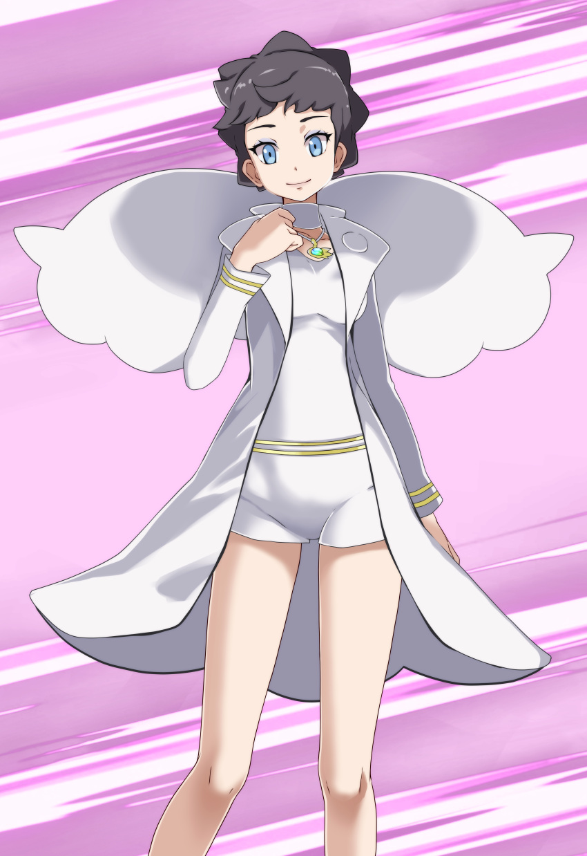 1girl absurdres bare_legs black_hair blue_eyes closed_mouth coat collarbone diantha_(pokemon) highres jewelry long_sleeves looking_at_viewer open_clothes open_coat pendant pokemon pokemon_(game) pokemon_xy purple_background shirt short_hair short_shorts shorts smile solo standing tsukishiro_saika white_coat white_shirt white_shorts