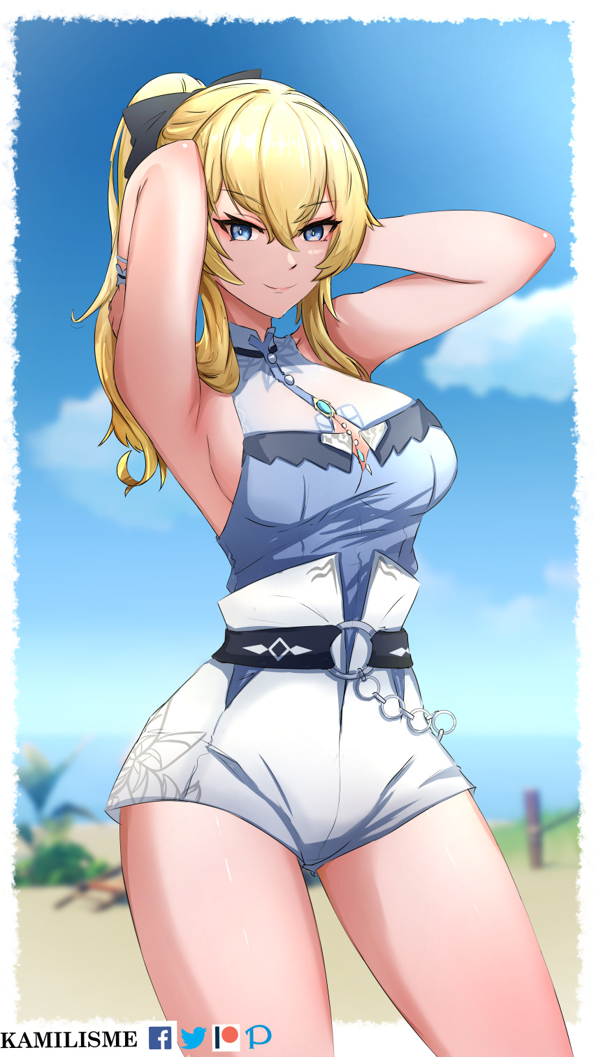 1girl 3d_background absurdres adjusting_hair armpits arms_behind_head bangs beach blonde_hair blue_eyes blue_sky blurry bow depth_of_field detached_sleeves eyebrows_visible_through_hair genshin_impact hair_between_eyes hair_bow hair_ribbon highres horizon jean_(genshin_impact) jean_(sea_breeze_dandelion)_(genshin_impact) kamilisme long_hair long_sleeves looking_at_viewer ocean official_alternate_costume ponytail ribbon sidelocks sky solo