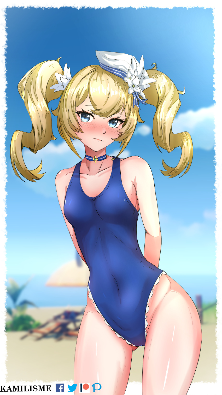 1girl 3d_background absurdres alternate_costume arms_behind_back ass_visible_through_thighs bangs barbara_(genshin_impact) beach blonde_hair blue_eyes blue_sky blue_swimsuit blurry blush choker collarbone commentary depth_of_field detached_sleeves drill_hair english_commentary eyebrows_visible_through_hair genshin_impact hair_between_eyes hair_ornament hat highleg highres kamilisme leaning_forward long_hair long_sleeves looking_at_viewer one-piece_swimsuit sidelocks sky solo swimsuit twin_drills twintails