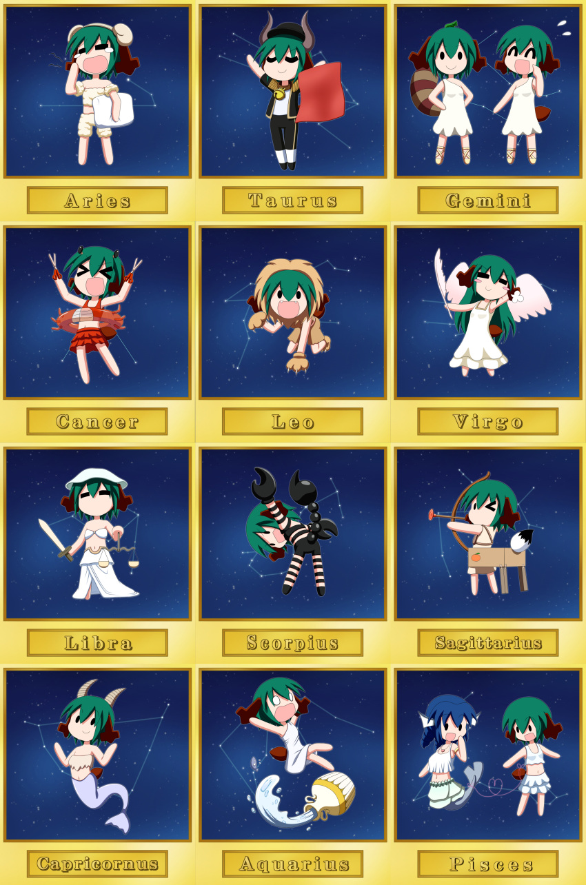 &gt;_&lt; &gt;_o 0_0 absurdres angel_wings animal_ears animal_hands armband bandeau black_headwear black_jacket blush_stickers bow_(weapon) brown_shorts claws closed_eyes constellation crop_top dog_ears dog_girl dress fangs feathers fish frilled_skirt frills gloves green_hair green_skirt hat head_fins heart heart_necklace heart_of_string highres horns innertube jacket jar kasodani_kyouko leaf leaf_on_head mermaid midriff monster_girl navel one_eye_closed open_mouth paw_gloves paw_shoes pillow raccoon_tail rakugaki-biyori red_tank_top scissors scorpion_tail shoes shorts skirt smile solid_oval_eyes string string_of_fate sword tail tank_top tears touhou v-shaped_eyebrows wakasagihime weapon weighing_scale white_dress white_skirt wings