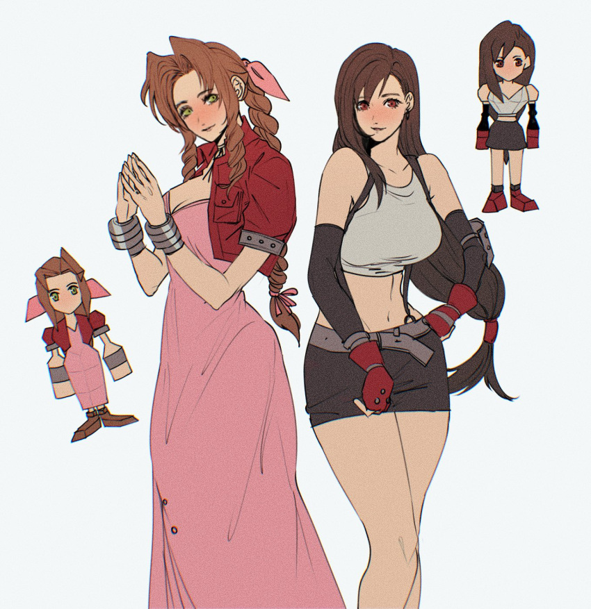 2girls aerith_gainsborough bangs belt black_skirt braid braided_ponytail breasts brown_hair comparison crop_top cropped_jacket dress earrings elbow_gloves elbow_pads english_commentary final_fantasy final_fantasy_vii final_fantasy_vii_remake fingerless_gloves gloves green_eyes hair_ribbon hand_on_hip highres hoop_earrings jacket jewelry large_breasts long_hair looking_at_viewer low-tied_long_hair medium_breasts midriff miniskirt multiple_girls navel parted_bangs pink_dress pink_ribbon red_eyes red_jacket ribbon sera_(serappi) simple_background skirt sleeveless steepled_fingers suspender_skirt suspenders swept_bangs tank_top tifa_lockhart tri_drills white_background white_tank_top