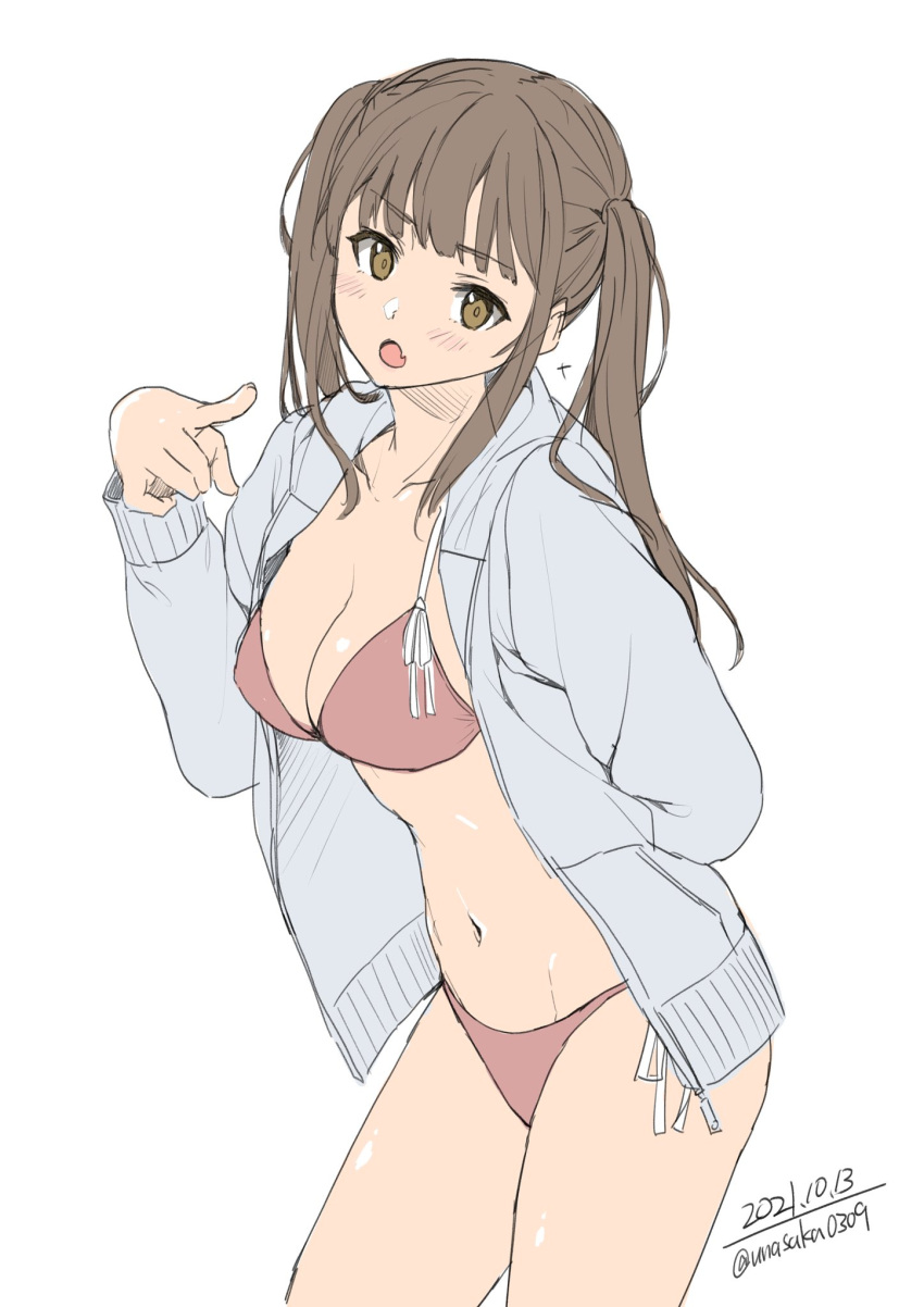 1girl arm_behind_back bikini blue_jacket blush breasts brown_eyes brown_hair commentary_request copyright_request dated fang highres jacket long_hair looking_at_viewer medium_breasts navel open_clothes open_jacket open_mouth red_bikini simple_background skin_fang solo swimsuit thighs twintails twitter_username unasaka_ryou white_background