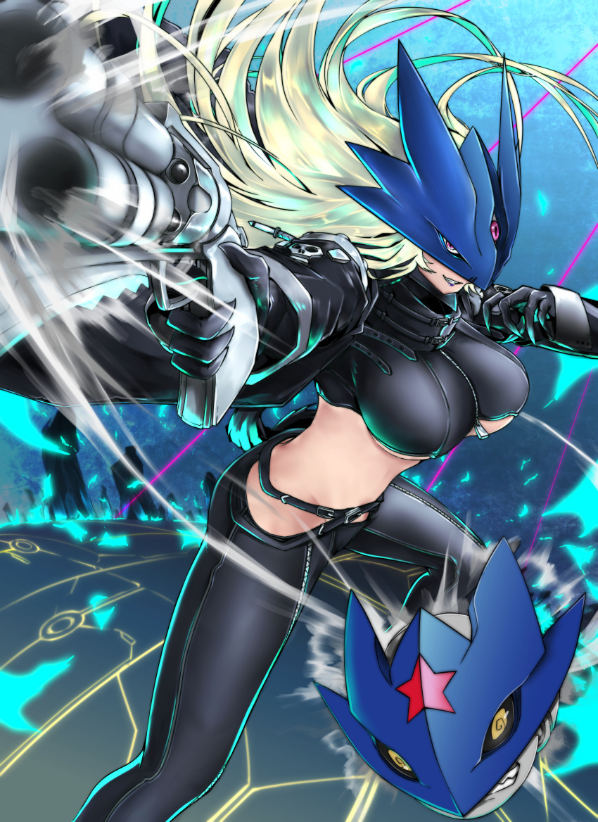 1girl absurdres beelstarmon beelzebumon black_jacket black_pants blonde_hair breasts bullet cape curled_fingers digimon digimon_(creature) dynamic_pose green_hair gun highres holding holding_gun holding_weapon jacket jiyuuya large_breasts legs_up long_hair mask midriff multicolored_hair open_mouth pants parted_lips red_eyes revolver skull solo standing star_(symbol) streaked_hair teeth thighs third_eye two-tone_hair weapon yellow_eyes zipper