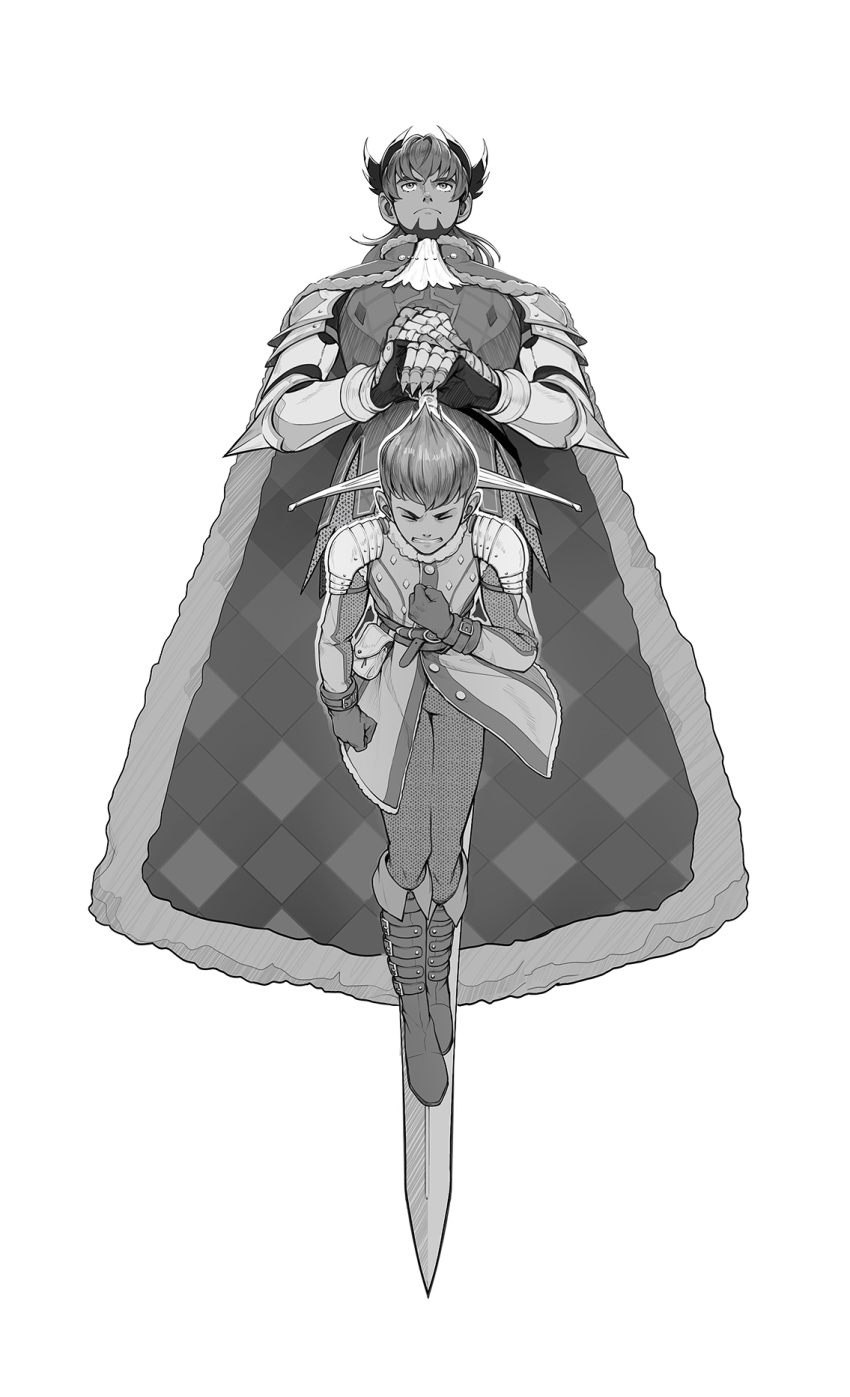 2boys armor ascot bangs belt brothers buttons cape closed_eyes closed_mouth commentary facial_hair frown fur-trimmed_cape fur_trim gloves greyscale hand_up highres holding holding_sword holding_weapon hop_(pokemon) kazuko_(towa) leon_(pokemon) looking_up male_focus monochrome multiple_boys own_hands_together pokemon pokemon_(game) pokemon_swsh short_hair shoulder_armor siblings simple_background sword two-handed_sword weapon white_background