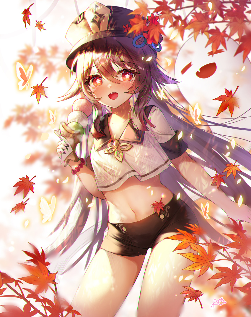 1girl :d absurdres alternate_costume apple_caramel autumn_leaves black_headwear black_shorts brown_hair contrapposto cowboy_shot crop_top crop_top_overhang dango flower food genshin_impact ghost hat hat_flower highres holding hu_tao_(genshin_impact) leaf long_hair looking_at_viewer maple_leaf midriff nail_polish navel open_mouth red_eyes sailor_collar sanshoku_dango shirt short_shorts short_sleeves shorts smile solo star-shaped_pupils star_(symbol) stomach symbol-shaped_pupils thighs twintails very_long_hair wagashi white_shirt