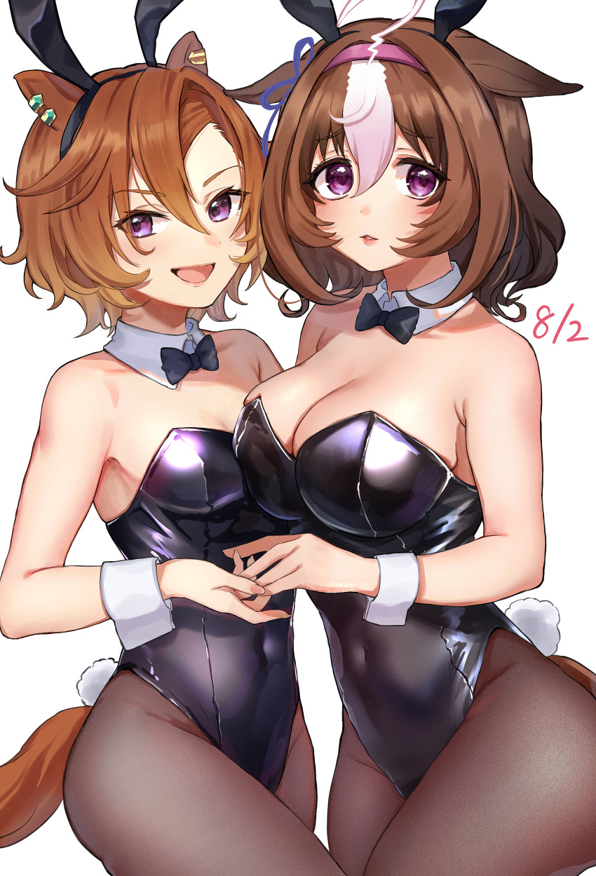 2girls absurdres ahoge animal_ears bangs bare_shoulders black_legwear black_leotard bow bowtie breasts brown_hair chan_hone_pkpk commentary_request covered_navel cowboy_shot dated detached_collar ear_piercing ears_down fake_animal_ears hairband highres holding_hands horse_ears horse_girl horse_tail large_breasts leotard looking_at_viewer medium_hair meisho_doto_(umamusume) multicolored_hair multiple_girls open_mouth pantyhose piercing playboy_bunny rabbit_ears rabbit_tail short_hair simple_background small_breasts streaked_hair t.m._opera_o_(umamusume) tail umamusume violet_eyes white_background wrist_cuffs