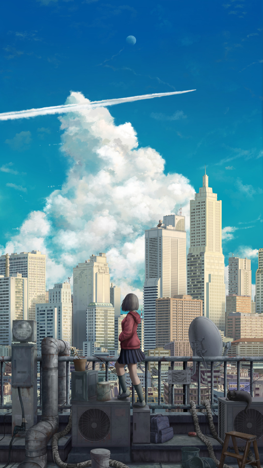 1girl bag black_cat blue_skirt blue_sky bookbag building cat city cityscape clouds cloudy_sky condensation_trail day from_behind highres hood hoodie moon original outdoors railing red_hoodie rooftop satellite_dish scenery short_hair silvertsuki skirt sky skyline skyscraper solo standing