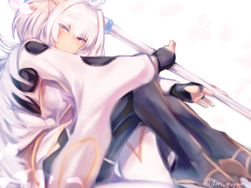 1girl absurdres ahoge black_gloves bridal_gauntlets fate/grand_order fate_(series) gloves highres knees_to_chest looking_at_viewer mage_staff merlin_(fate/prototype) moyumidori painterly pantyhose solo twitter_username white_background white_hair