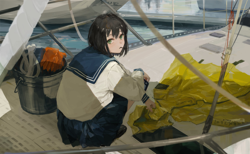 1girl artist_name black_footwear black_hair blue_sailor_collar blue_skirt boat bucket coat coat_removed commentary_request dated full_body gloves gloves_removed green_eyes highres long_sleeves looking_at_viewer orange_gloves original outdoors pleated_skirt rope sailboat sailor_collar school_uniform serafuku shirt short_hair skirt solo squatting watercraft white_shirt xilmo yellow_coat