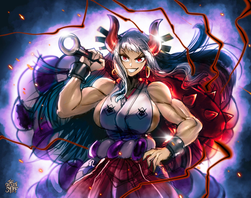 1girl artist_name aura bangs bare_arms bare_shoulders biceps blue_hair breasts club_(weapon) commentary cowboy_shot cuffs curled_horns earrings floating_hair grin hair_ornament hair_stick hakama hand_on_hip highres hoop_earrings horns japanese_clothes jewelry kanabou kimono large_breasts lips long_hair looking_at_viewer multicolored_hair muscular muscular_female one_piece oni over_shoulder red_eyes red_horns rope shackles shimenawa sideboob sleeveless sleeveless_kimono smile solo spikes the_golden_smurf v-shaped_eyebrows very_long_hair weapon weapon_over_shoulder white_hair yamato_(one_piece)