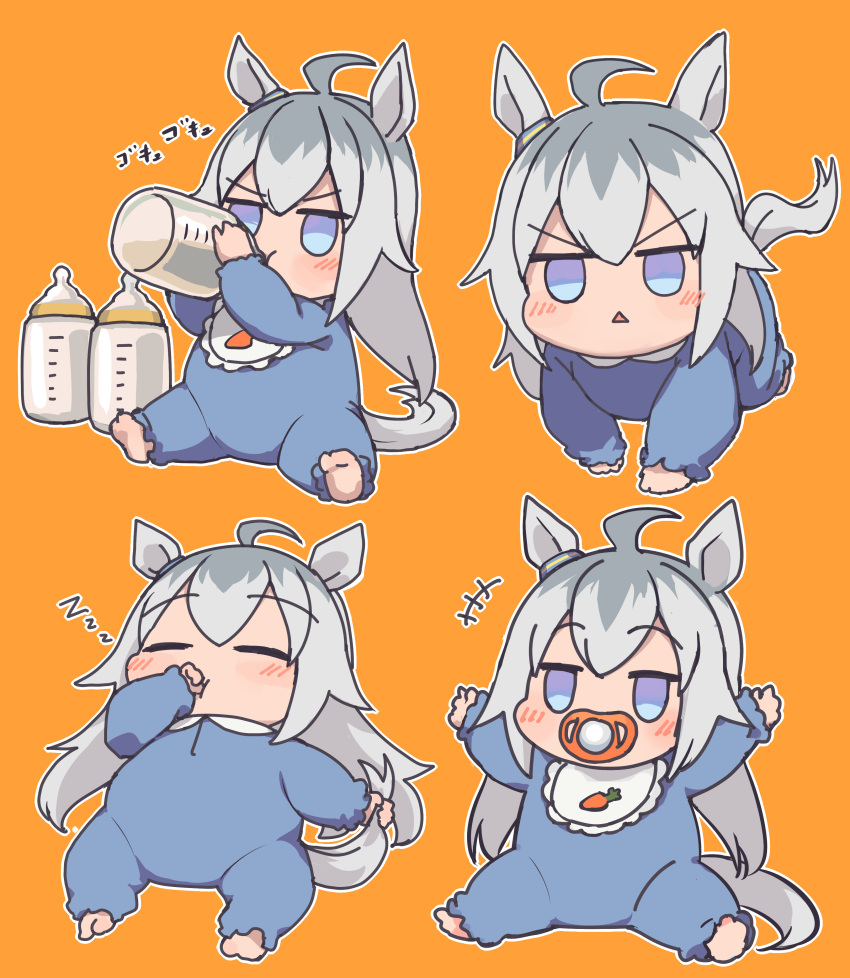 +++ absurdres ahoge animal_ears baby baby_bottle bangs bib blue_eyes blush bottle closed_eyes commentary_request crawling full_body grey_hair highres horse_ears horse_girl horse_tail jitome kusanagi_kaoru long_hair multicolored_hair multiple_views oguri_cap_(umamusume) onesie orange_background pacifier raised_eyebrows simple_background sitting sleeping tail tail_grab thumb_sucking triangle_mouth two-tone_hair umamusume v-shaped_eyebrows younger zzz