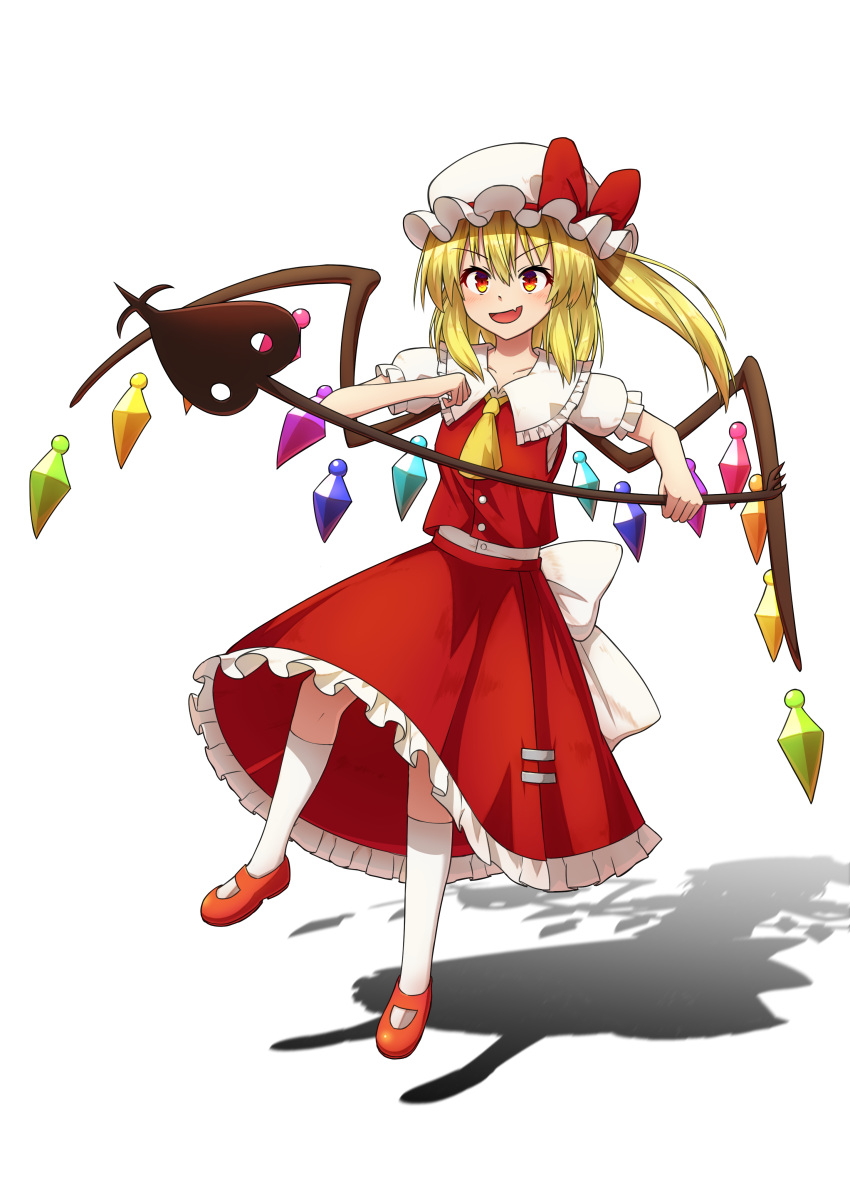 1girl absurdres ascot blonde_hair buttons crystal fang flandre_scarlet frills highres laevatein_(touhou) mary_janes medium_hair one_side_up puffy_short_sleeves puffy_sleeves red_eyes red_footwear red_skirt red_vest shadow shirt shoes short_hair short_sleeves simple_background skirt smile socks solo standing touhou vest white_background white_shirt wings yellow_neckwear yosshy