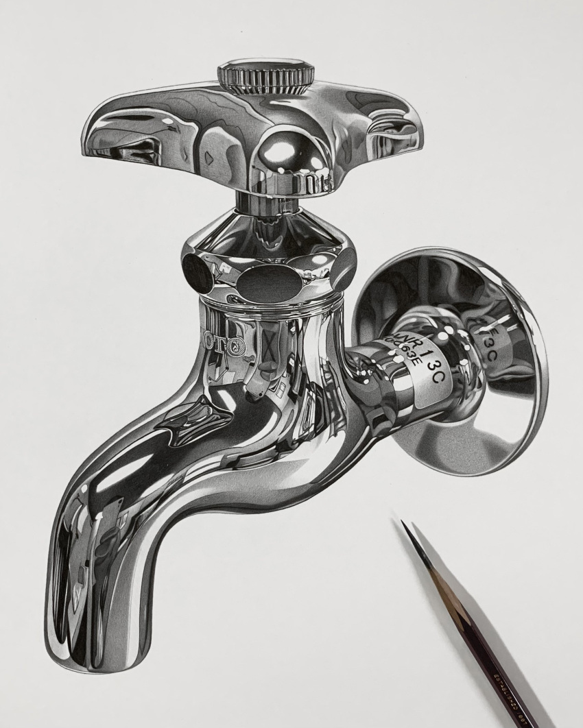 absurdres commentary_request faucet graphite_(medium) highres making-of_available no_humans ohmori_kohei original photo_(object) realistic reflection traditional_media