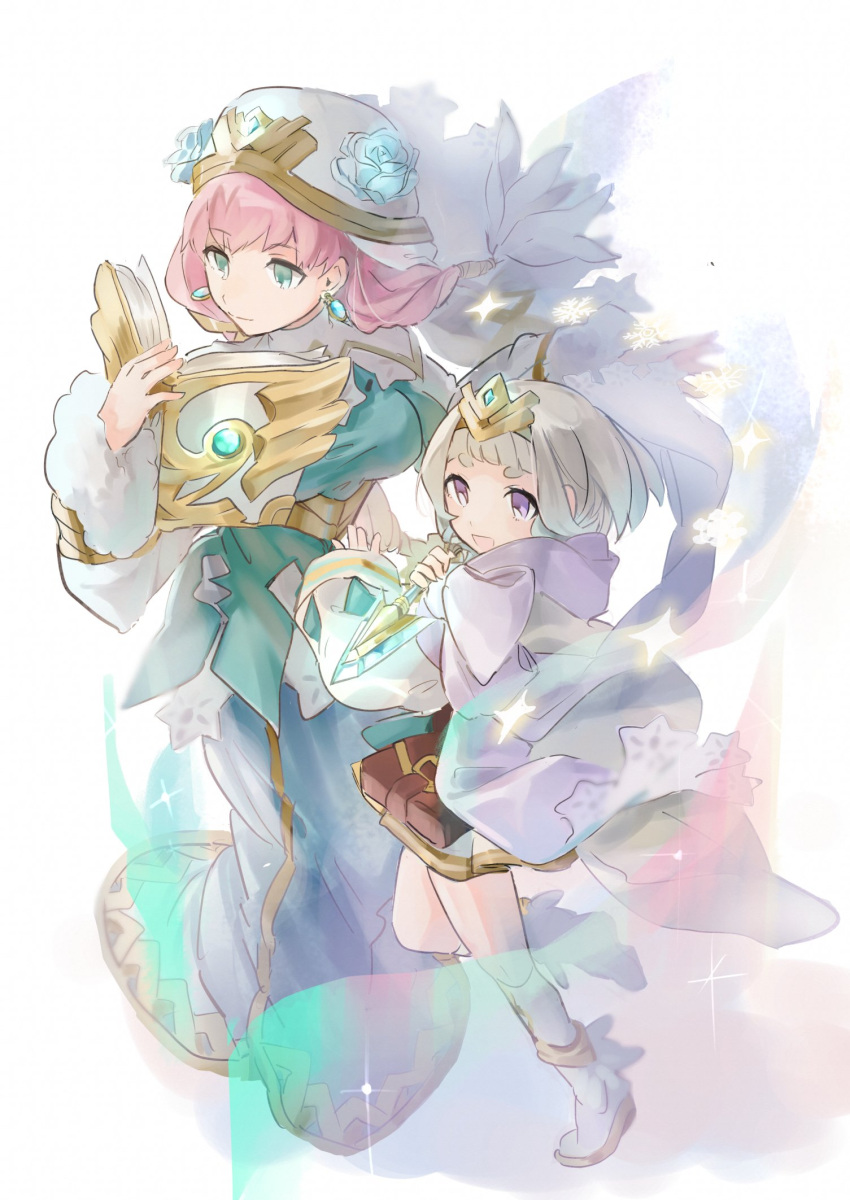 2girls aqua_dress bag bangs blue_dress blunt_bangs book braid breasts brown_bag closed_mouth dagger dress earrings eyebrows_visible_through_hair fire_emblem fire_emblem_heroes flower fur-trimmed_dress fur-trimmed_sleeves fur_trim green_eyes gunnthra_(fire_emblem) hair_ornament hair_tubes hat hat_flower height_difference highres holding holding_book holding_dagger holding_weapon hukashin jewelry knife large_breasts long_dress long_hair looking_away magic multicolored multicolored_clothes multicolored_dress multiple_girls open_mouth pink_hair rose satchel shoes short_dress short_hair siblings sisters sleeves_past_wrists smile snowflakes tiara weapon white_flower white_footwear white_hair white_headwear white_rose wide_sleeves wind ylgr_(fire_emblem)