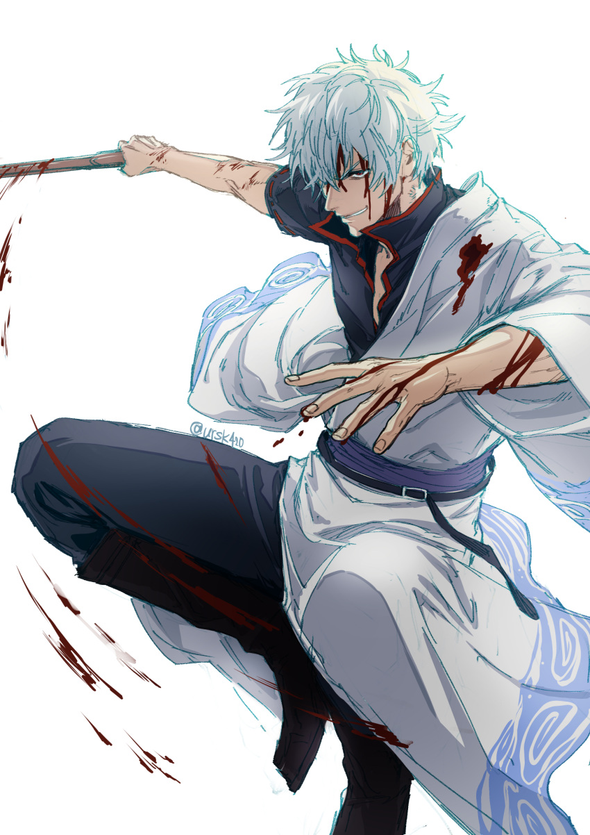 1boy black_footwear black_pants black_shirt blood blood_on_clothes blood_on_face blood_on_hands bokken boots gintama grey_hair hadanugi_dousa highres holding holding_sword holding_weapon japanese_clothes kimono knee_boots long_sleeves looking_at_viewer male_focus pants parted_lips red_eyes ribbon-trimmed_sleeves ribbon_trim sakata_gintoki shirt short_sleeves simple_background smile solo sword twitter_username uraki_(tetsu420) weapon white_background white_kimono wide_sleeves wooden_sword