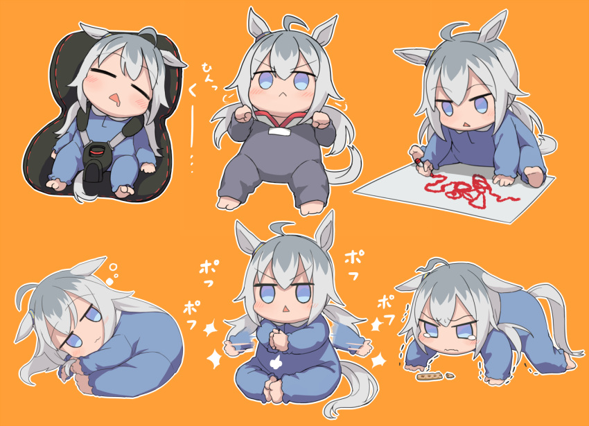 :&lt; afterimage animal_ears baby bangs blue_eyes blush butterfly_sitting child_safety_seat clapping commentary_request crayon drawing food grey_hair horse_ears horse_girl horse_tail jitome kusanagi_kaoru long_hair looking_at_viewer mouth_drool multicolored_hair multiple_views oguri_cap_(umamusume) onesie orange_background raised_eyebrows simple_background sitting sleeping tail tearing_up trembling triangle_mouth two-tone_hair umamusume v-shaped_eyebrows wilted_ahoge younger