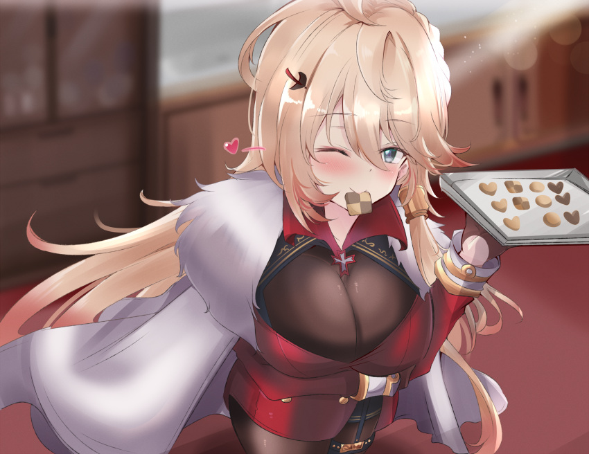 1girl azur_lane blonde_hair blue_eyes blurry blurry_background bodystocking breasts brown_gloves cape cookie eyebrows_visible_through_hair food fur_trim gloves gradient_hair half_gloves heart highres holding holding_tray howe_(azur_lane) indoors jacket large_breasts long_hair looking_at_viewer multicolored_hair one_eye_closed red_jacket solo tonchinkan tray very_long_hair white_cape