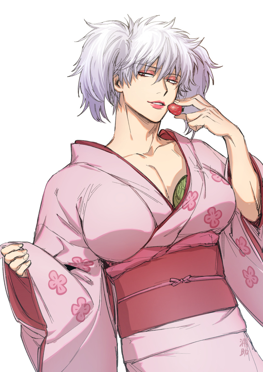 1boy bangs breast_padding collarbone crossdressing eyebrows_visible_through_hair food fruit gintama grey_hair hair_between_eyes highres holding holding_food japanese_clothes kimono long_sleeves looking_at_viewer male_focus obi parted_lips pinching_sleeves pink_kimono red_eyes red_lips sakata_gintoki sash simple_background sleeves_past_wrists smile solo strawberry twintails uraki_(tetsu420) white_background wide_sleeves