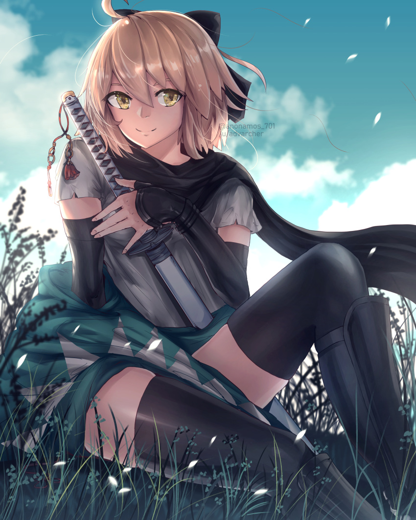 1girl absurdres ahoge anonamos artist_name black_scarf blonde_hair blue_sky clouds commentary fate/grand_order fate_(series) field grass hair_between_eyes haori highres japanese_clothes katana long_scarf looking_at_viewer okita_souji_(fate) okita_souji_(koha/ace) scarf sheath sheathed short_hair sky smile solo sword thigh-highs thighs twitter_username weapon yellow_eyes