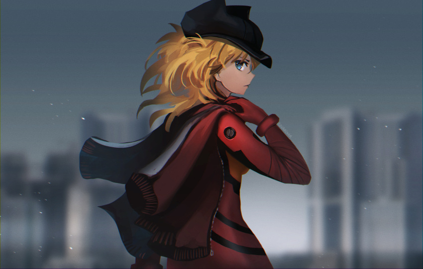 1girl anonamos black_headwear blonde_hair blue_eyes blurry blurry_background commentary cowboy_shot from_side hat highres jacket jacket_on_shoulders long_hair looking_at_viewer neon_genesis_evangelion plugsuit rebuild_of_evangelion solo souryuu_asuka_langley