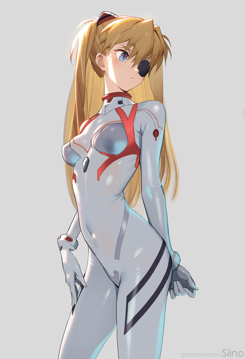 1girl bangs blue_eyes bodysuit breasts commentary_request cowboy_shot evangelion:_3.0+1.0_thrice_upon_a_time eyepatch grey_background grey_bodysuit hair_ornament highres long_hair navel neon_genesis_evangelion orange_hair plugsuit rebuild_of_evangelion siino simple_background skin_tight skinny small_breasts solo souryuu_asuka_langley twitter_username two_side_up