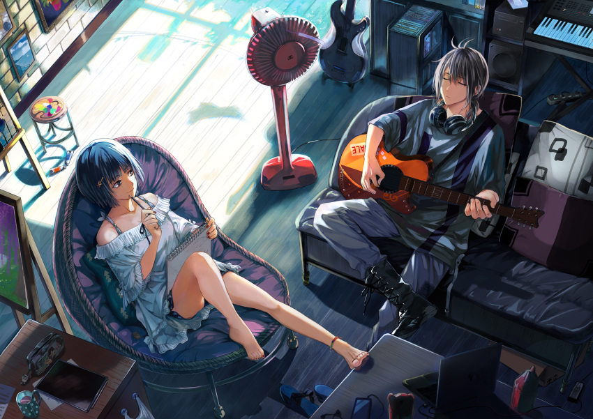1boy 1girl acoustic_guitar ankleband bangs barefoot black_eyes black_footwear blue_hair blue_pants boots breasts cable closed_eyes closed_mouth commentary_request couch cross-laced_footwear cup day dress easel electric_fan electric_guitar electric_plug electric_socket eyebrows_visible_through_hair facing_away frilled_dress frills from_above grey_hair grey_shirt guitar hair_between_eyes hair_ornament hairclip hand_up headphones headphones_around_neck highres holding holding_instrument holding_pencil holding_sketchbook indoors instrument keyboard_(instrument) knee_up leg_up looking_at_another medium_hair mug music neori off-shoulder_dress off_shoulder original outstretched_leg oversized_clothes paint palette_(object) pants pencil phone pillow playing_instrument shirt short_hair sitting sketchbook slippers slippers_removed small_breasts smile speaker stool sunlight table white_dress