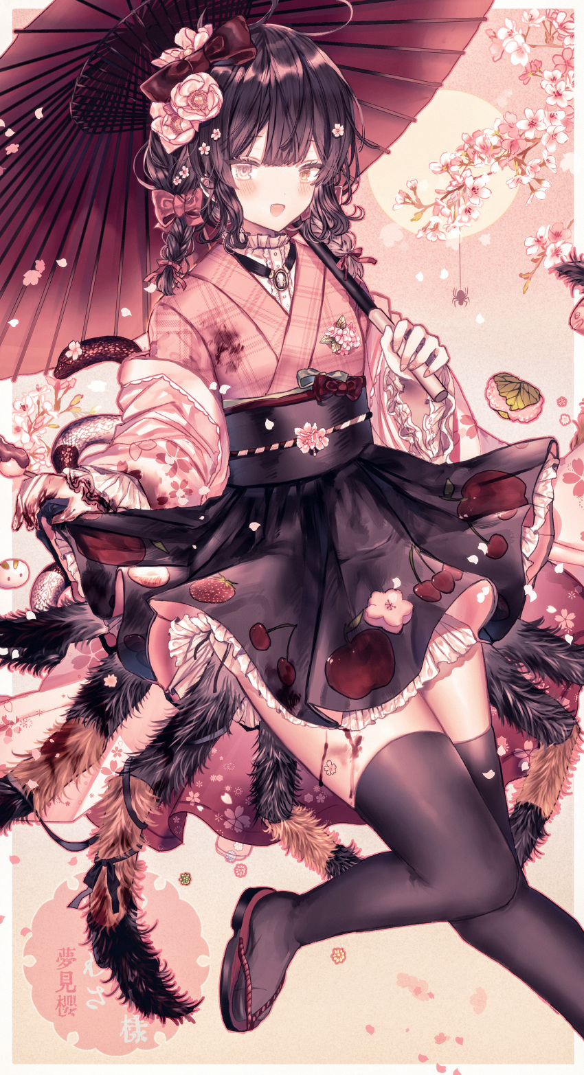 1girl :d absurdres arthropod_girl bangs black_hair black_legwear black_skirt blush bow braid cherry_blossoms commentary eyebrows_visible_through_hair fang flower grey_eyes hair_bow hair_flower hair_ornament heterochromia highres holding holding_umbrella jacket japanese_clothes kimono lolita_fashion long_hair looking_at_viewer obi off_shoulder oil-paper_umbrella open_mouth original pink_flower pink_jacket pink_kimono red_bow sandals sash skirt smile solo spider_girl symbol-only_commentary thigh-highs translation_request twin_braids umbrella wa_lolita y_o_u_k_a yellow_eyes