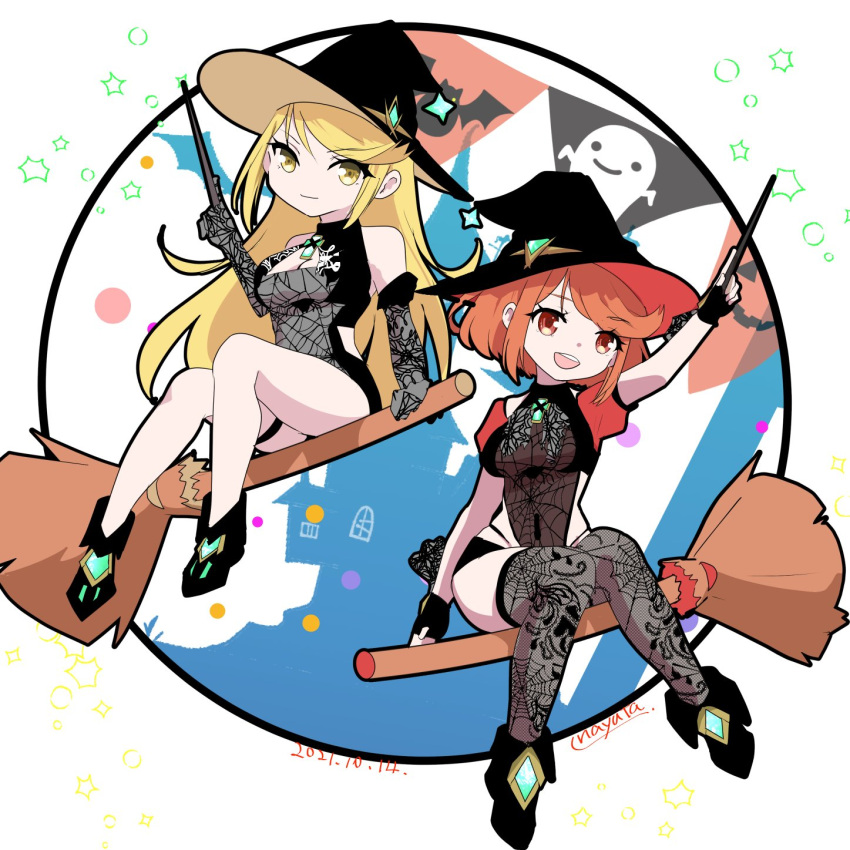 2girls adapted_costume blonde_hair broom broom_riding halloween hat highres multiple_girls mythra_(xenoblade) nayuta-kanata pyra_(xenoblade) red_eyes redhead witch witch_hat xenoblade_chronicles_(series) xenoblade_chronicles_2 yellow_eyes