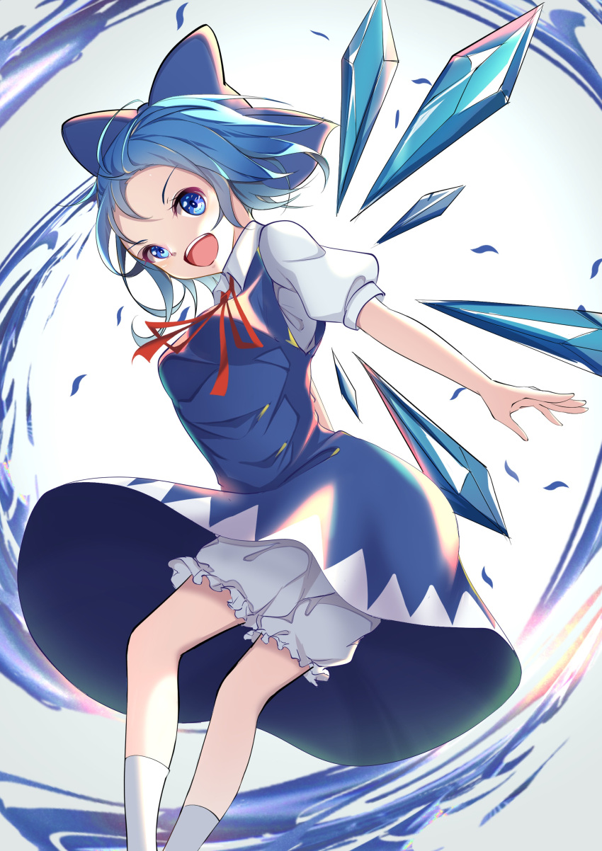 1girl :d absurdres bangs bloomers blue_bow blue_dress blue_eyes blue_hair blush bow cirno collared_shirt commentary_request dress floating full_body hair_bow highres ice ice_wings looking_at_viewer mary_janes open_mouth pinafore_dress puffy_short_sleeves puffy_sleeves red_neckwear red_ribbon ribbon shirt shoes short_hair short_sleeves simple_background smile socks solo standing standing_on_one_leg teeth touhou underwear upper_teeth white_background white_legwear white_shirt wing_collar wings yamanakaume