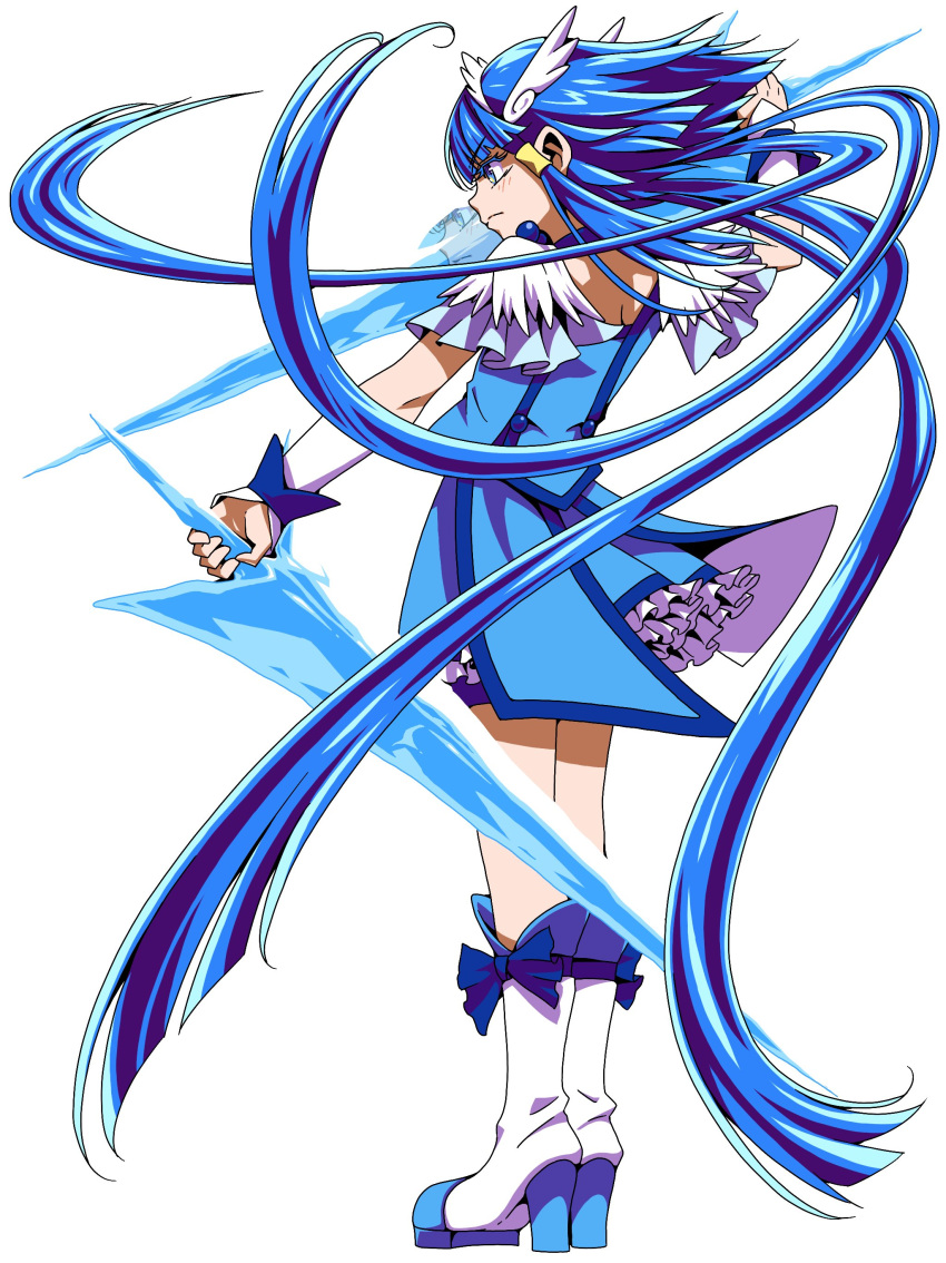 1girl absurdres aoki_reika bangs blue_eyes blue_hair blue_skirt blush boots closed_mouth crystal_sword cure_beauty ebura_din eyebrows_visible_through_hair floating_hair frown full_body highres holding holding_sword holding_weapon knee_boots layered_skirt long_hair miniskirt precure profile shiny shiny_hair simple_background skirt smile_precure! solo standing sword very_long_hair weapon white_background white_footwear