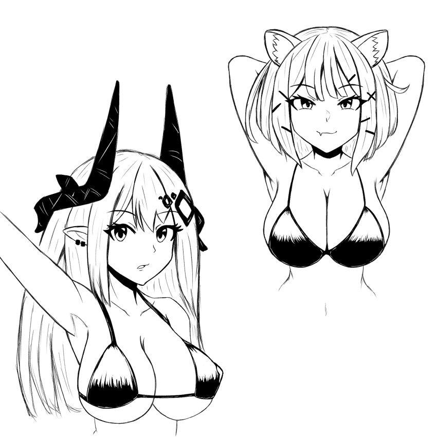 2girls animal_ears arknights arm_up armpits arms_up bangs bare_shoulders bikini breasts collarbone commentary cropped_torso english_commentary eyebrows_visible_through_hair eyelashes fang fang_out highres horns kentumatsu large_breasts long_hair looking_at_viewer monochrome mudrock_(arknights) multiple_girls parted_lips pointy_ears simple_background skin_fang swimsuit upper_body utage_(arknights) white_background