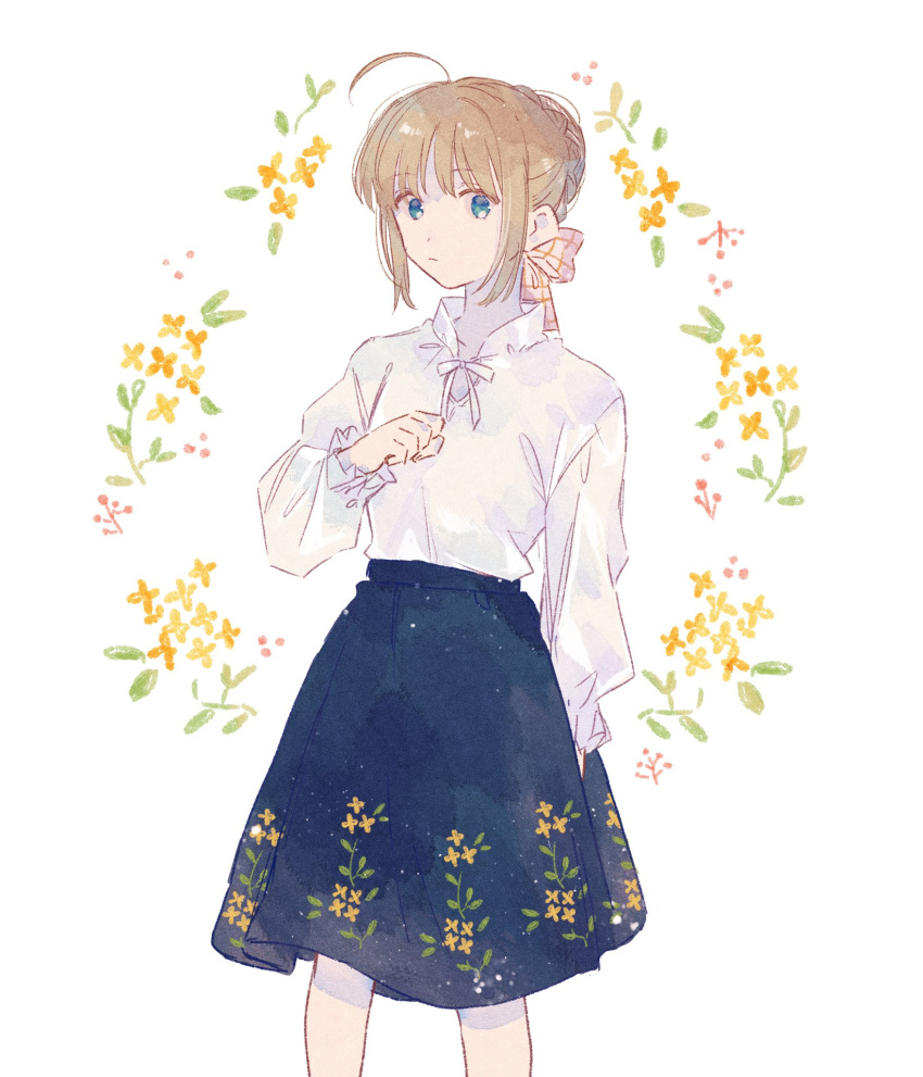 1girl ahoge artoria_pendragon_(fate) blonde_hair blue_eyes blue_skirt braid facing_viewer fate/stay_night fate_(series) floral_background floral_print flower french_braid hair_ribbon hand_on_own_chest highres long_sleeves machi_(uqyjee) ribbon saber shirt skirt solo white_background white_shirt yellow_flower