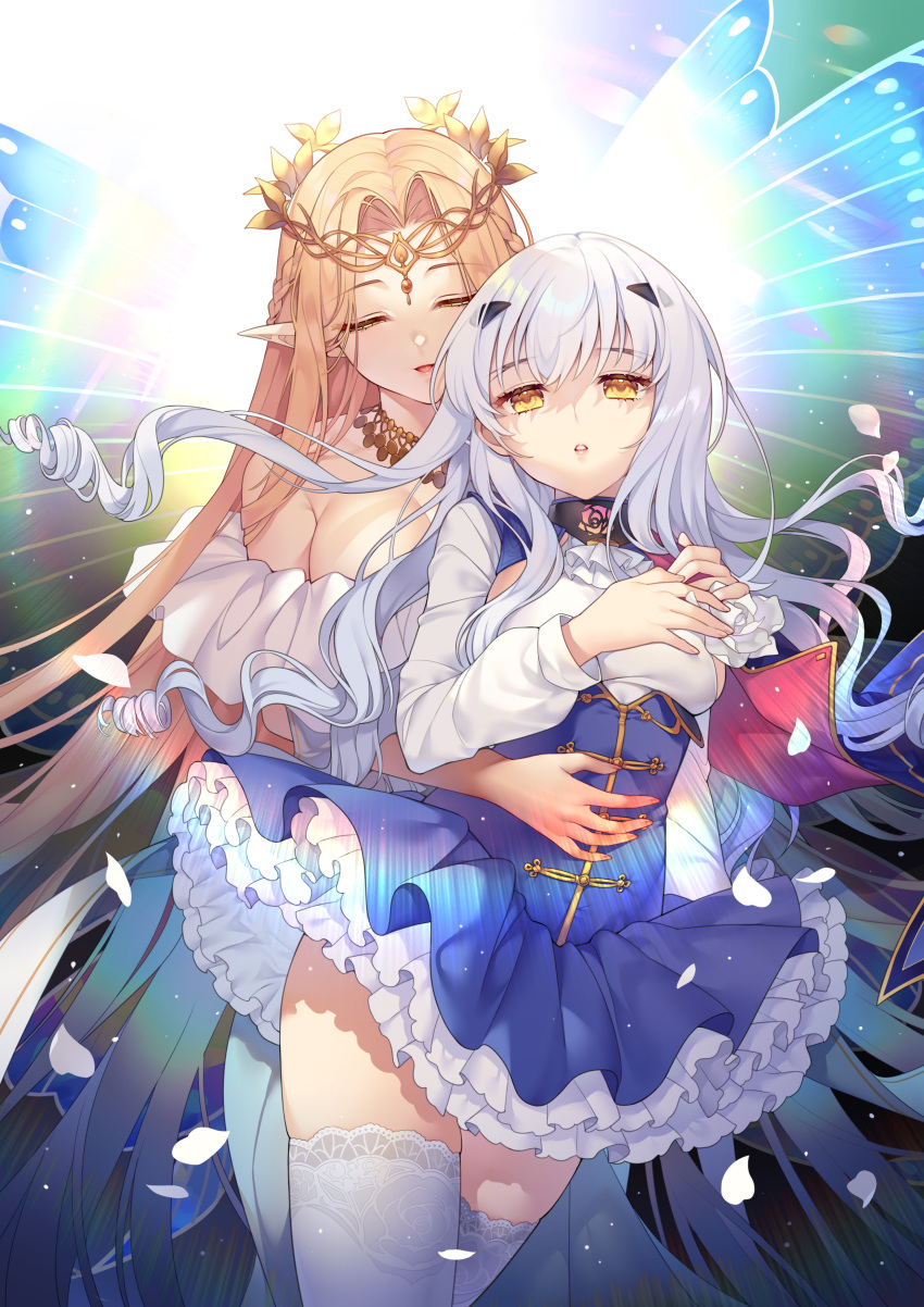 2girls :d absurdres bangs bare_shoulders blonde_hair blue_skirt braid breasts butterfly_wings character_request closed_eyes commentary english_commentary fairy_knight_lancelot_(fate) fate/grand_order fate_(series) flower frilled_skirt frills hair_flower hair_ornament hairclip headpiece highres long_hair long_sleeves may_(2747513627) medium_breasts multiple_girls open_mouth parted_bangs parted_lips petals pleated_skirt pointy_ears puffy_long_sleeves puffy_sleeves shirt skirt smile thigh-highs very_long_hair white_hair white_legwear white_shirt wings yellow_flower