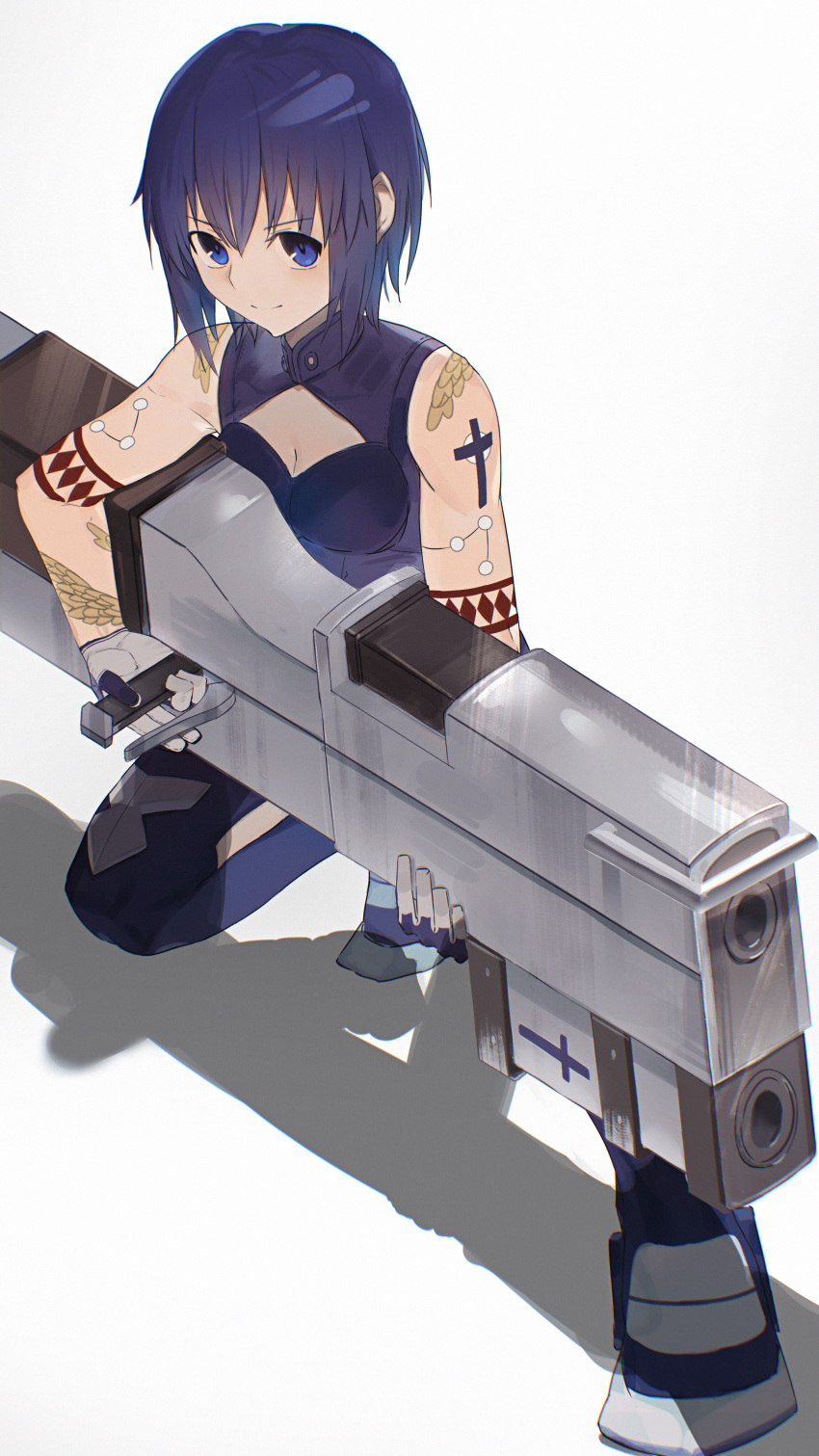 1girl absurdres bangs bare_shoulders blue_dress blue_eyes blue_footwear blue_hair blue_legwear breasts ciel_(tsukihime) cleavage_cutout closed_mouth clothing_cutout commentary_request cross cross_tattoo dress eyebrows_visible_through_hair gloves gun hair_between_eyes highres holding holding_weapon looking_at_viewer medium_breasts one_knee pile_bunker powerd_ciel ryes_8 seventh_holy_scripture shadow short_hair simple_background sleeveless sleeveless_dress smile solo tattoo tsukihime tsukihime_(remake) weapon white_background wing_tattoo