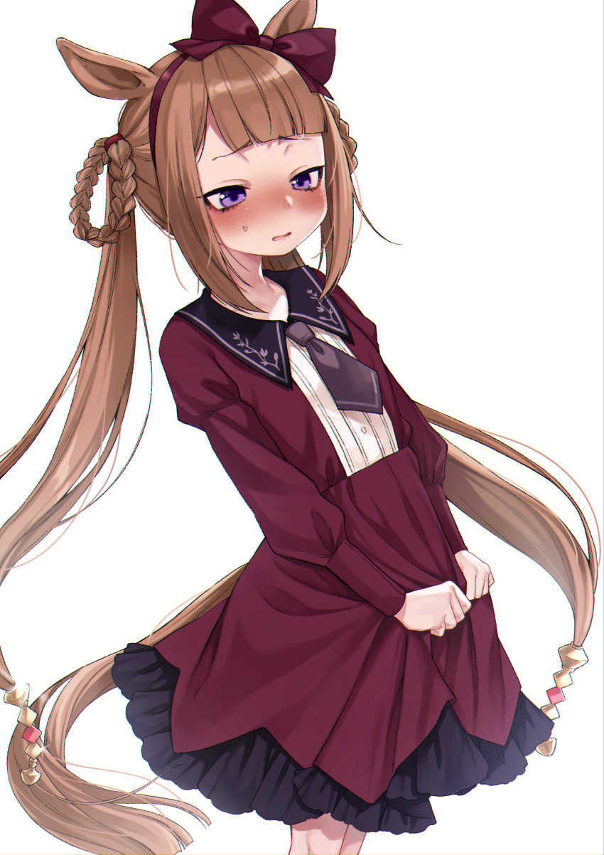 1girl absurdres animal_ears bangs blush bow braid brown_hair dancho_(dancyo) dress eyebrows_visible_through_hair frilled_dress frills hair_bow hair_rings highres horse_ears horse_girl horse_tail juliet_sleeves long_hair long_sleeves looking_away parted_lips puffy_sleeves red_bow red_dress simple_background solo sweep_tosho_(umamusume) tail twin_braids twintails umamusume very_long_hair violet_eyes white_background