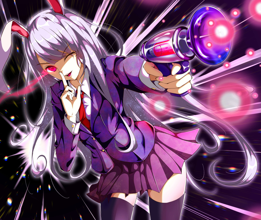1girl absurdres animal_ears arm_up bangs black_background black_jacket black_legwear blush breasts buttons collared_shirt commentary_request crescent crescent_pin cropped_legs danmaku eyebrows_visible_through_hair finger_on_trigger finger_to_mouth glowing glowing_eye highres jacket large_breasts long_hair long_sleeves looking_at_viewer lunatic_gun miniskirt necktie one_eye_closed open_mouth pink_skirt pleated_skirt purple_hair rabbit_ears red_eyes red_neckwear reisen_udongein_inaba shirt shushing simple_background skirt smile solo suit_jacket thigh-highs touhou upper_body very_long_hair white_shirt wing_collar yamanakaume