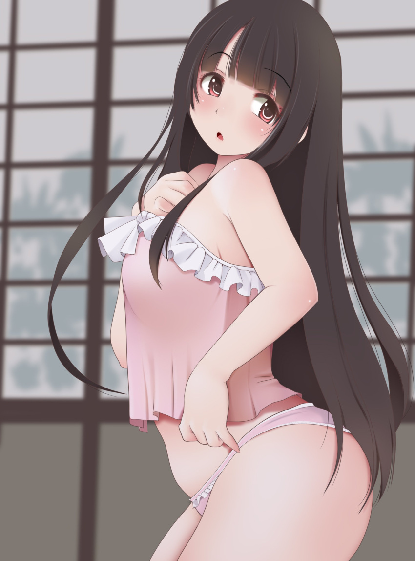 1girl :o absurdres babydoll bangs bare_shoulders black_hair blunt_bangs breasts commentary_request cowboy_shot eyebrows_visible_through_hair from_side highres hime_cut houraisan_kaguya indoors kozue_akari long_hair medium_breasts open_mouth panties parted_lips pink_panties red_eyes solo touhou transparent underwear very_long_hair