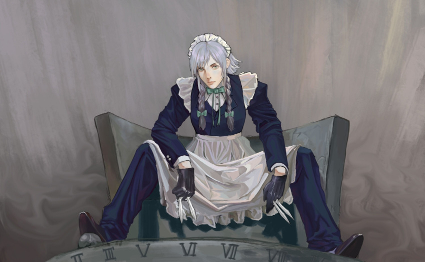 apron between_breasts blue_jacket blue_pants bow bowtie breasts formal gender_request gloves green_neckwear grey_eyes izayoi_sakuya jacket knife medium_hair pants roman_numeral shirt shoes silver_hair sitting solo suit suit_jacket touhou user_crkd7757 white_shirt