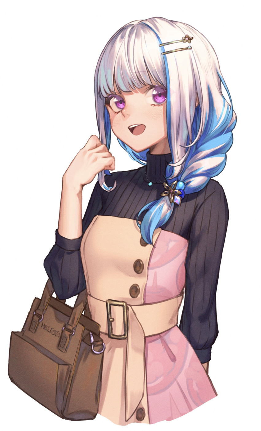 1girl :d arm_behind_back bag bangs black_sweater blue_hair blush brown_dress commentary_request dress eyebrows_visible_through_hair hair_ornament hair_over_shoulder hairclip hand_up highres jewelry lize_helesta long_hair long_sleeves looking_at_viewer multicolored_hair necklace nijisanji open_mouth silver_hair simple_background smile solo sooon sweater teeth turtleneck turtleneck_sweater two-tone_hair upper_body upper_teeth violet_eyes virtual_youtuber white_background