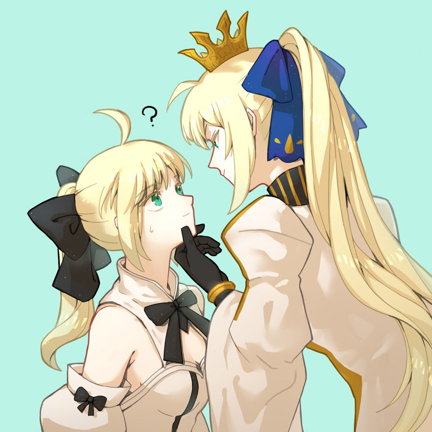 2girls ? ahoge artoria_pendragon_(caster)_(fate) artoria_pendragon_(fate) bangs black_gloves blonde_hair bohe_liang_you braid breasts commentary_request crown eyebrows_behind_hair eyebrows_visible_through_hair fate/grand_order fate_(series) gloves green_background green_eyes hair_ribbon hand_on_another's_chin highres long_hair looking_at_another looking_at_viewer multiple_girls ribbon saber_lily simple_background skirt smile