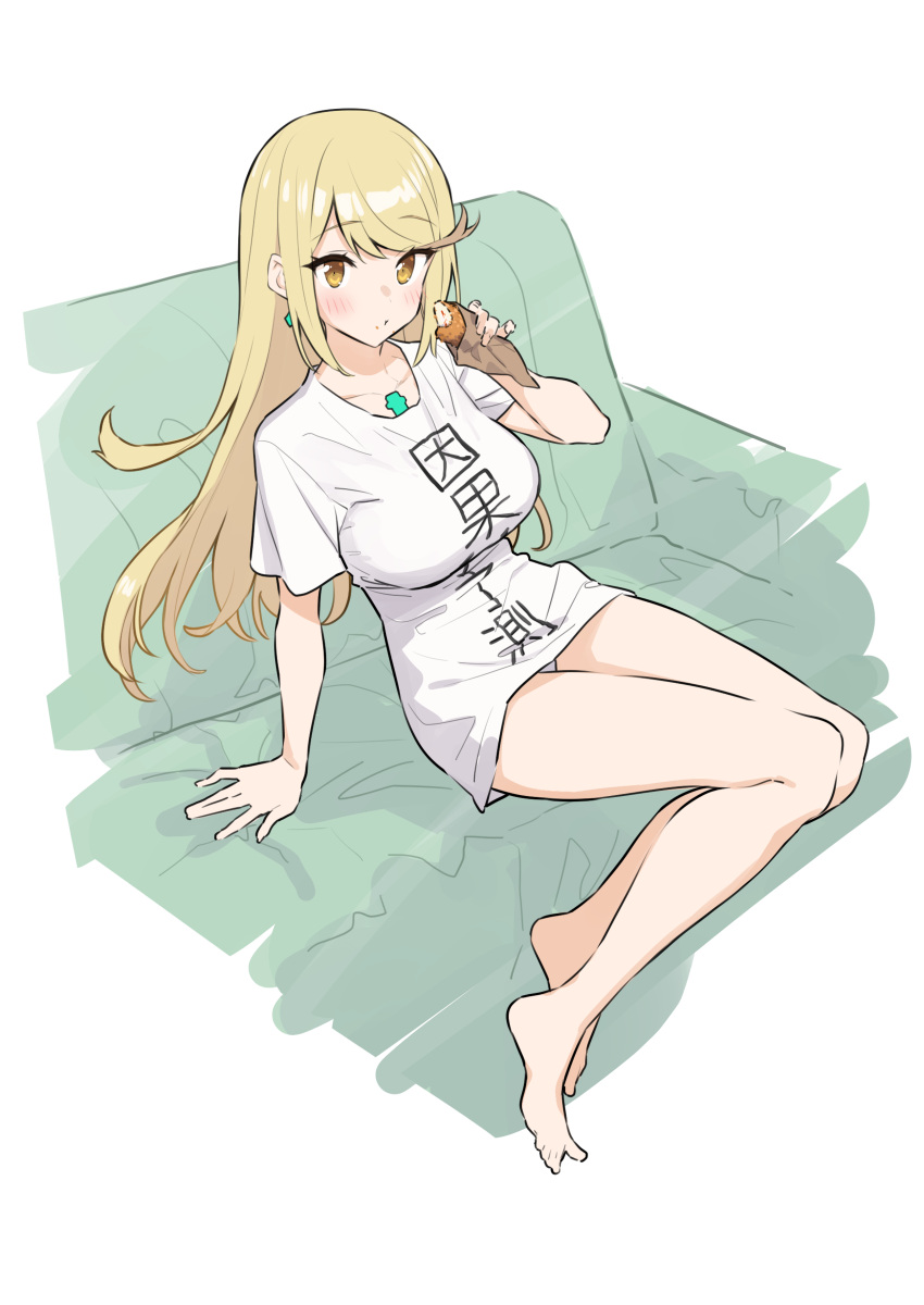 1girl absurdres baffu bangs barefoot blonde_hair blush breasts chest_jewel clothes_writing couch earrings eating food highres jewelry large_breasts legs long_hair looking_at_viewer mythra_(xenoblade) shirt short_sleeves sidelocks sitting solo swept_bangs translated white_shirt xenoblade_chronicles_(series) xenoblade_chronicles_2 yellow_eyes