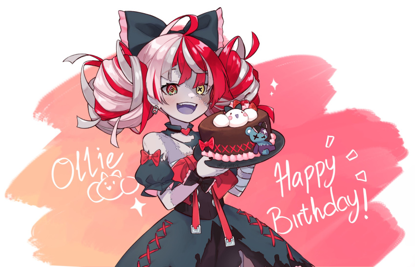 1girl :d ahoge bandaged_arm bandaged_chest bandages bangs bare_shoulders black_bow black_dress blush bow cake character_name colored_skin double_bun dress english_text eyebrows_visible_through_hair eyes_visible_through_hair fangs food green_eyes grey_hair grey_skin hair_bow happy_birthday highres holding holding_cake holding_food hololive hololive_indonesia kureiji_ollie multicolored_hair open_mouth pink_hair puffy_short_sleeves puffy_sleeves red_bow red_eyes redhead short_sleeves smile sparkle stitched_arm stitched_face stitches symbol-shaped_pupils torn_clothes twitter_username udin_(kureiji_ollie) vyolfers yellow_eyes zombie