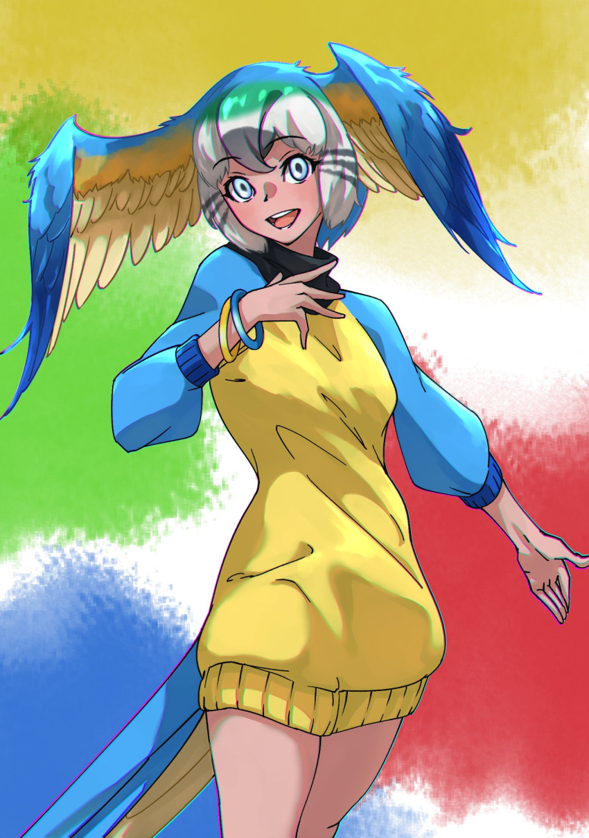 1girl :d bangs bird_tail bird_wings blue-and-yellow_macaw_(kemono_friends) blue_eyes blue_hair blue_sweater commentary eyebrows_visible_through_hair green_hair grey_hair hand_on_own_chest head_wings highres kemono_friends long_sleeves looking_at_viewer multicolored multicolored_background multicolored_hair multicolored_wings open_mouth short_hair simple_background smile solo spread_wings sweater tail tanabe_(fueisei) turtleneck turtleneck_sweater two-tone_sweater white_hair wings yellow_sweater