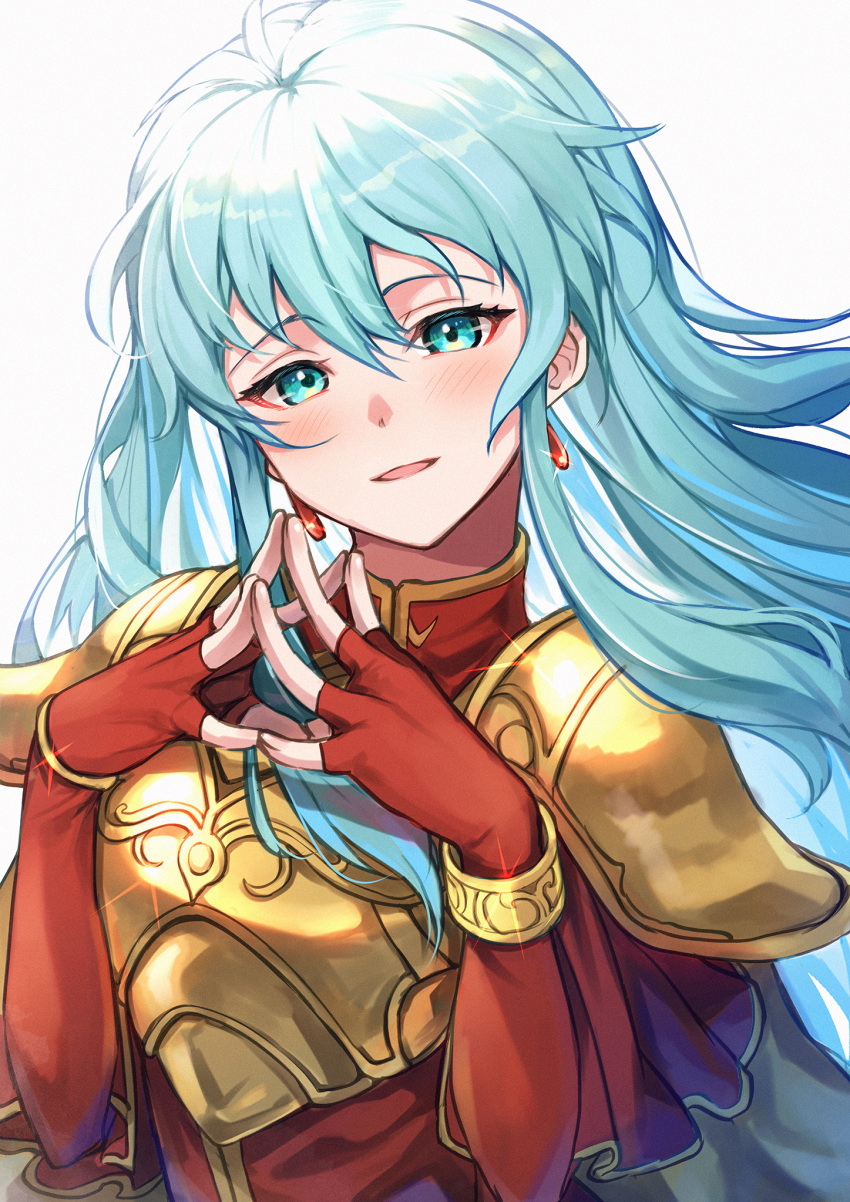 1girl aqua_eyes aqua_hair armor armored_dress bangs blush bracelet breastplate commentary_request dress earrings eirika_(fire_emblem) eyebrows_visible_through_hair fingerless_gloves fire_emblem fire_emblem:_the_sacred_stones floating_hair gloves gold_armor hair_between_eyes highres jewelry long_hair long_sleeves looking_at_viewer nakabayashi_zun open_mouth own_hands_together parted_lips red_dress red_gloves shoulder_armor sidelocks smile solo tongue upper_body
