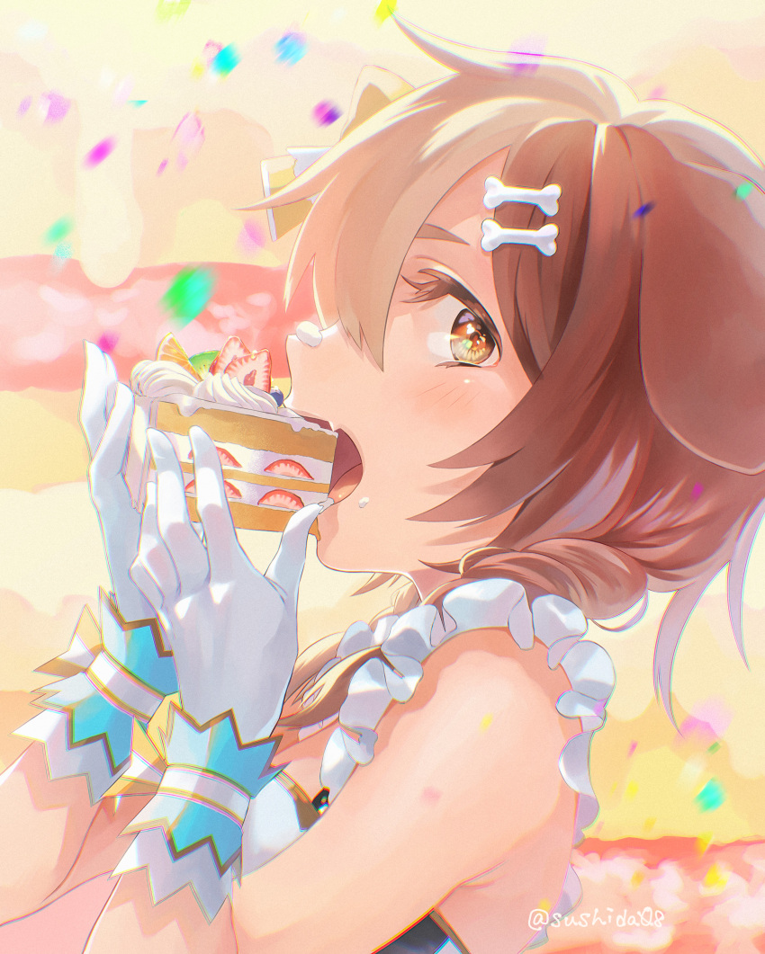 1girl absurdres animal_ears bangs bare_shoulders blush braid brown_eyes brown_hair cake cake_slice dog_ears dog_girl eating fangs food frilled_straps frills from_side gloves hair_between_eyes highres hololive hololive_idol_uniform idol_clothes inugami_korone long_hair looking_at_viewer low_twin_braids official_alternate_costume profile sideways_glance sleeveless solo sushida0k twin_braids virtual_youtuber white_gloves